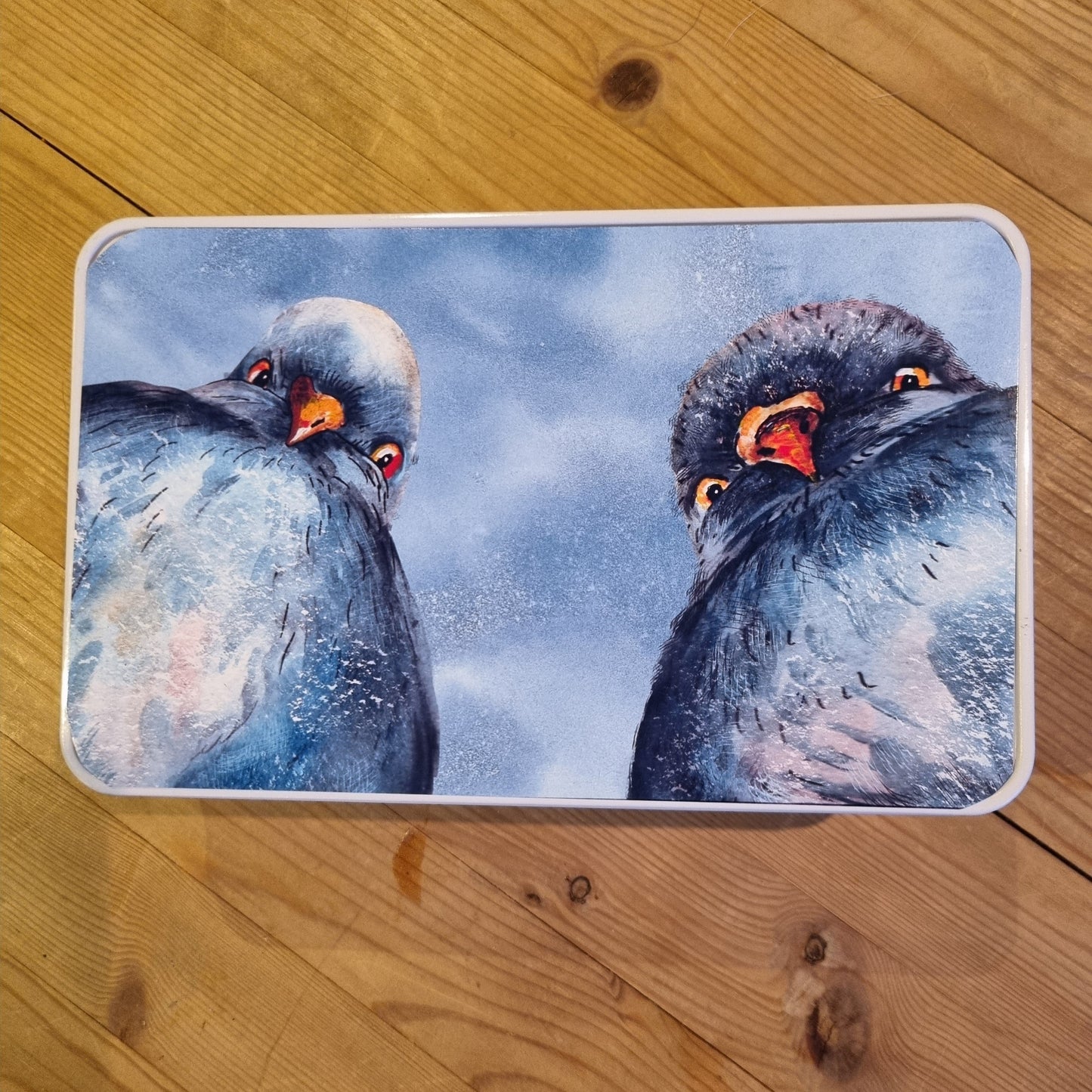 Quirky pigeon themed Storage tin with printed top panel