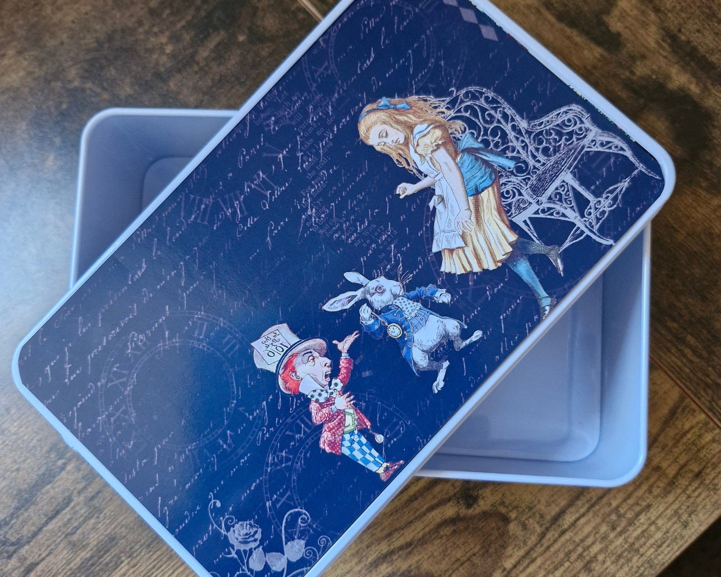 Alice in Wonderland Mad Hatter Storage tin with printed top panel