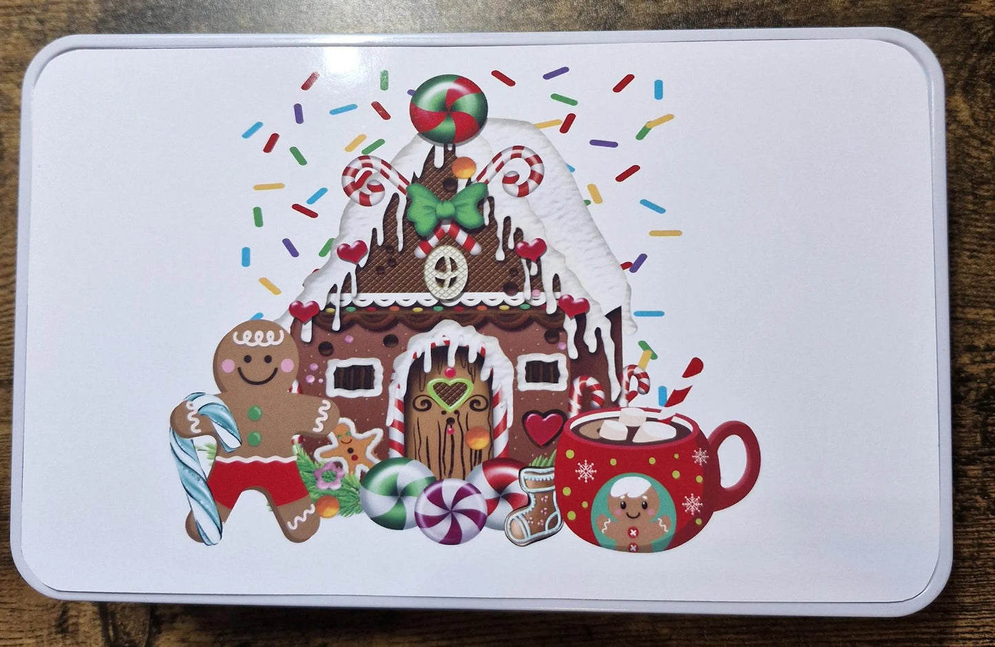 Christmas Gingerbread Man Storage tin with printed top panel