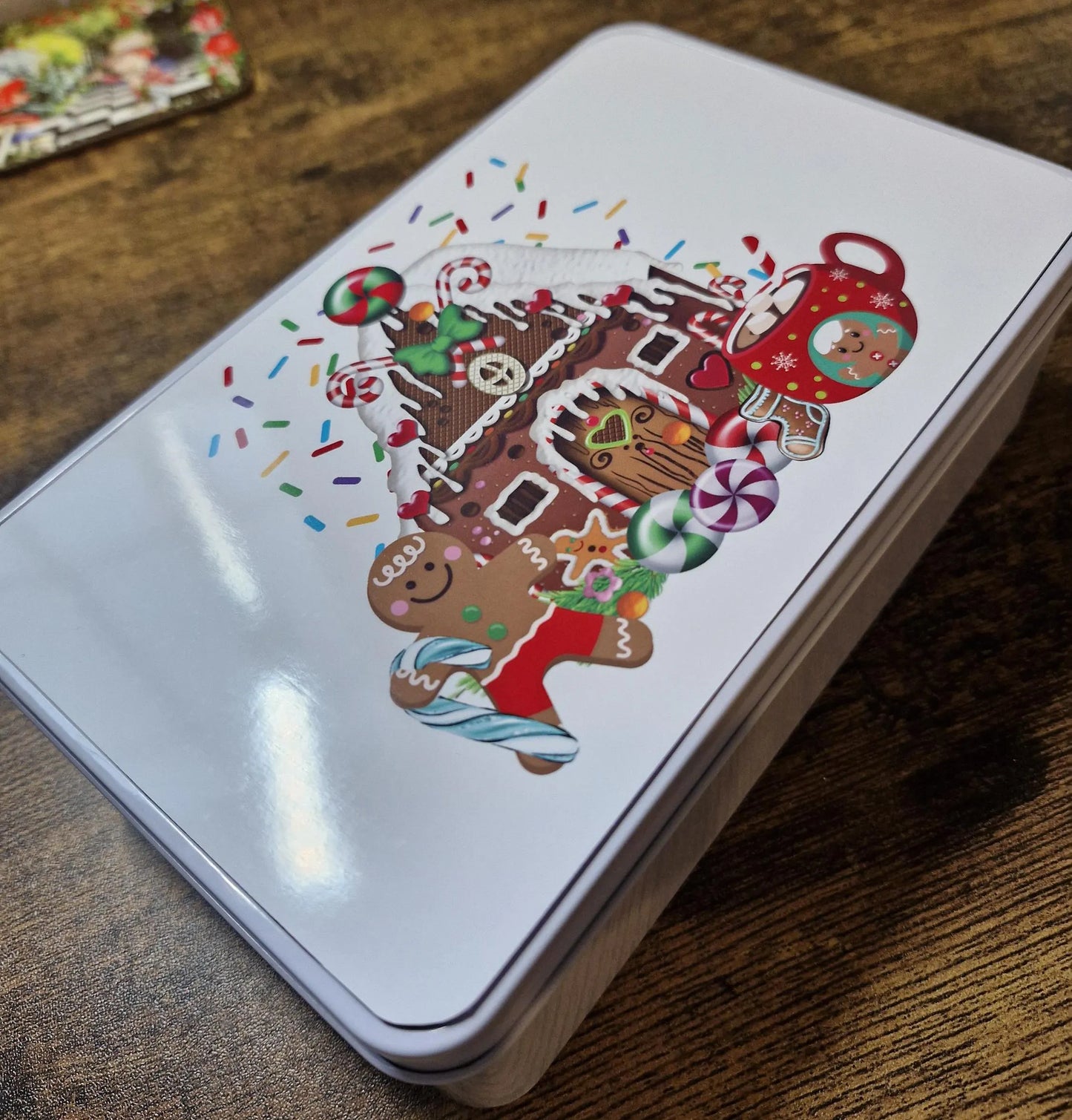 Christmas Gingerbread Man Storage tin with printed top panel