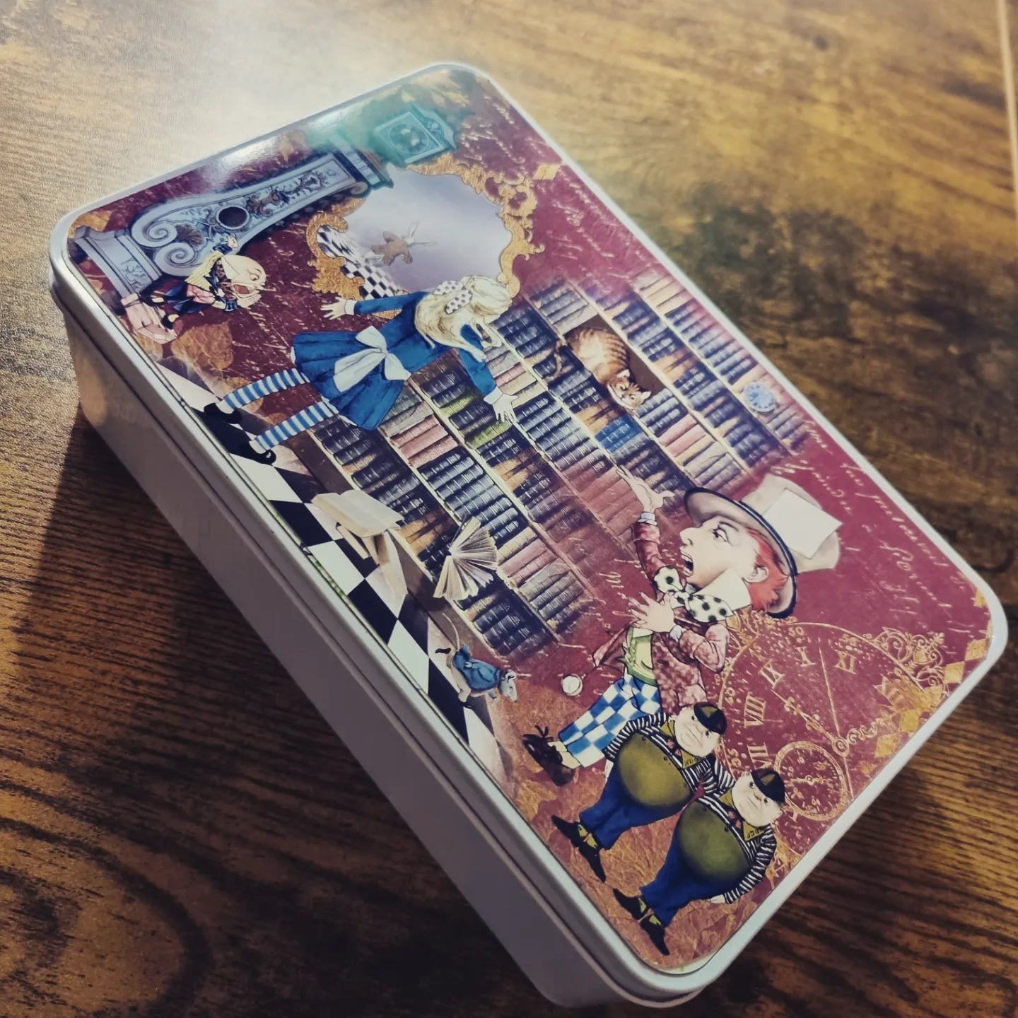 Alice in Wonderland abstract themed Storage tin with printed top panel
