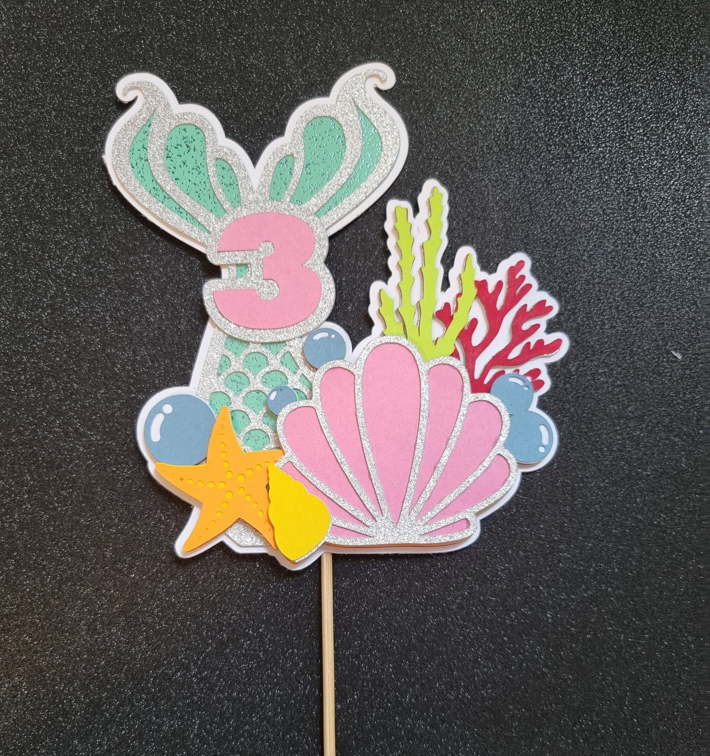 Mermaid themed layered cake topper, any age, personalised