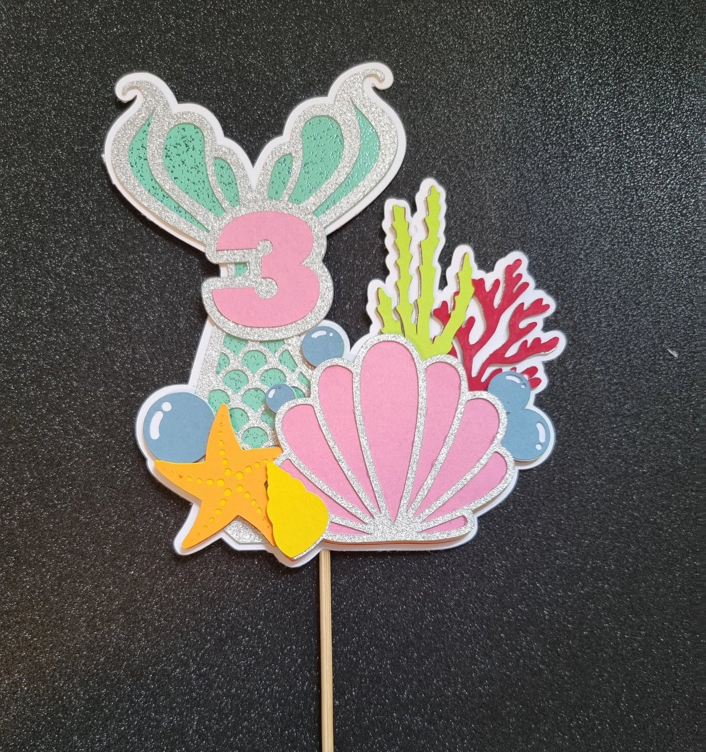 Mermaid themed layered cake topper, any age, personalised