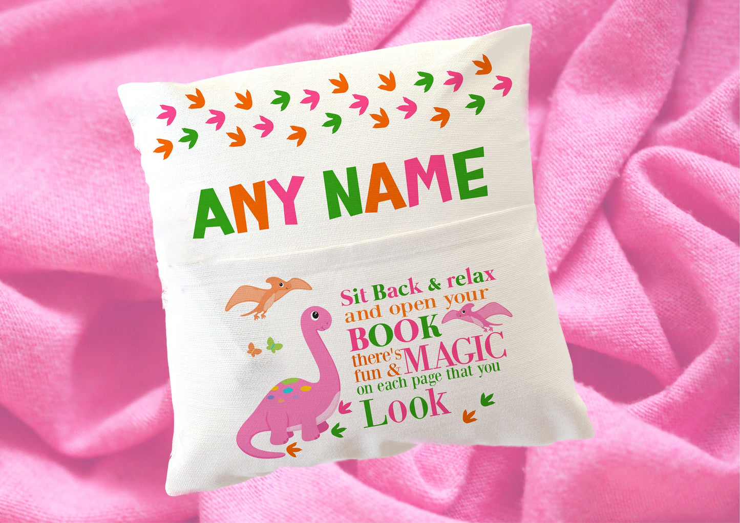 Dinosaur Personalised reading cushion, pocket cushion, any name