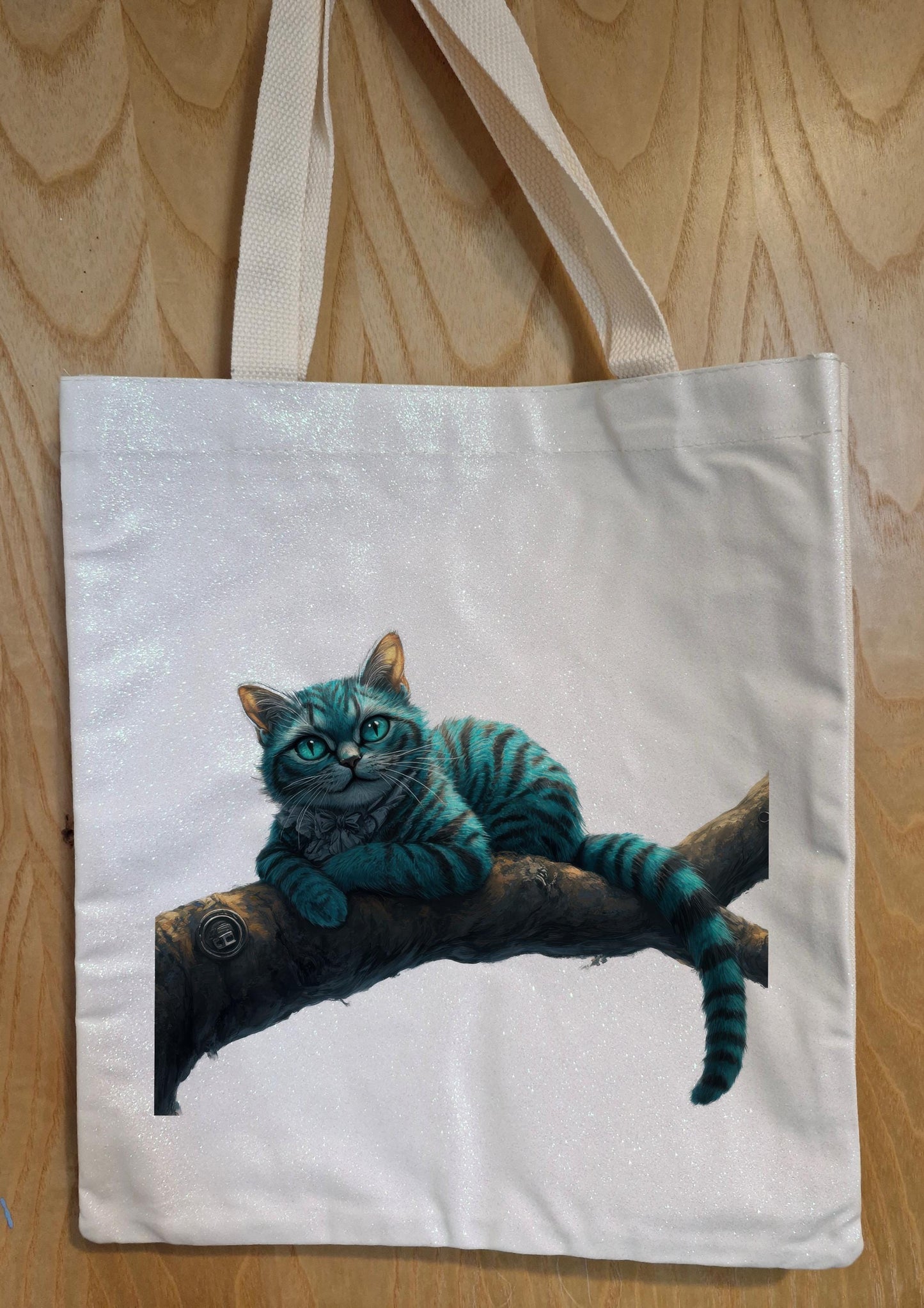 Glitter Tote Bag Cheshire Cat Alice in Wonderland Design