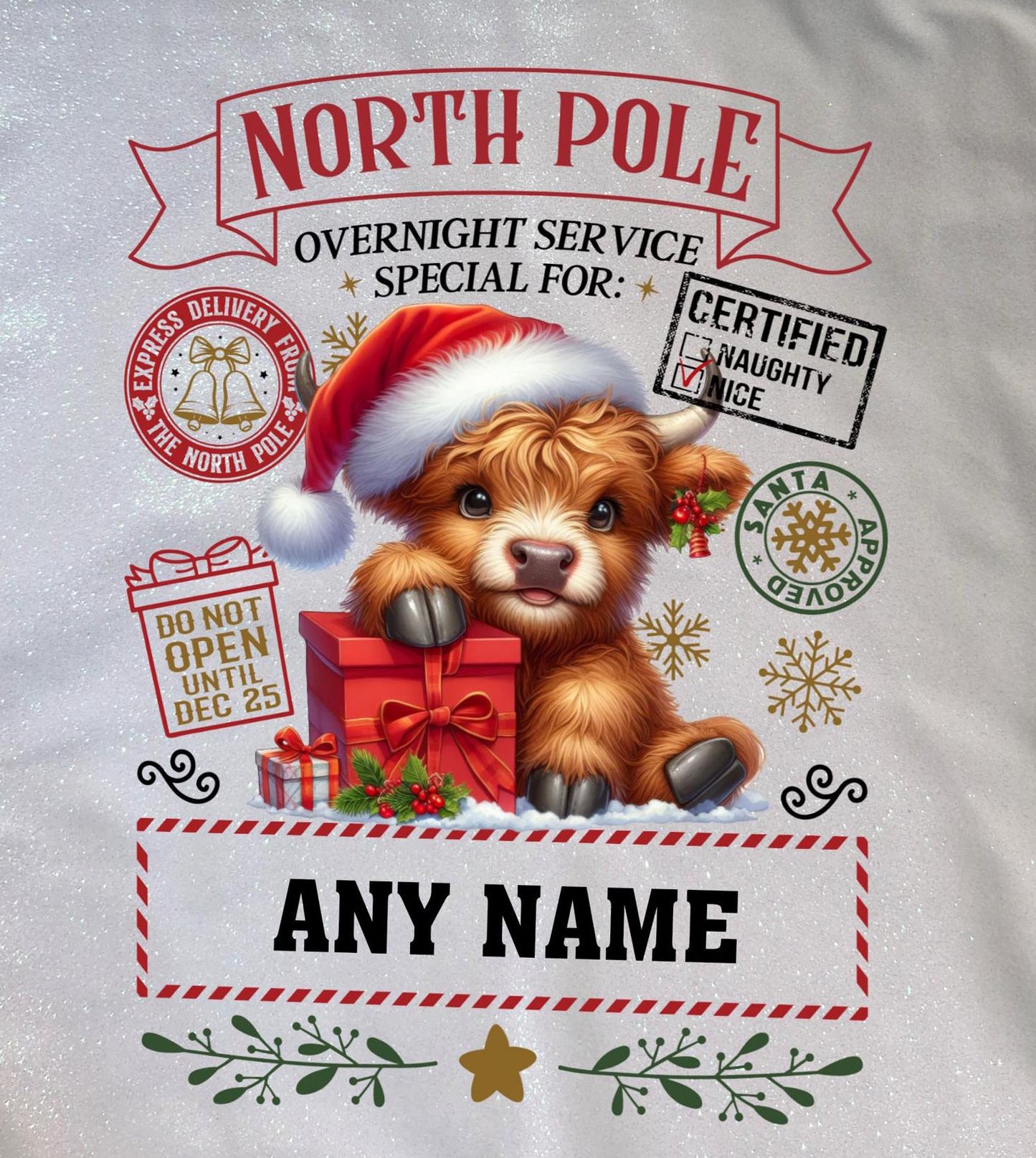 Glitter Tote Bag Christmas Sack any name Christmas Highland Cow Design