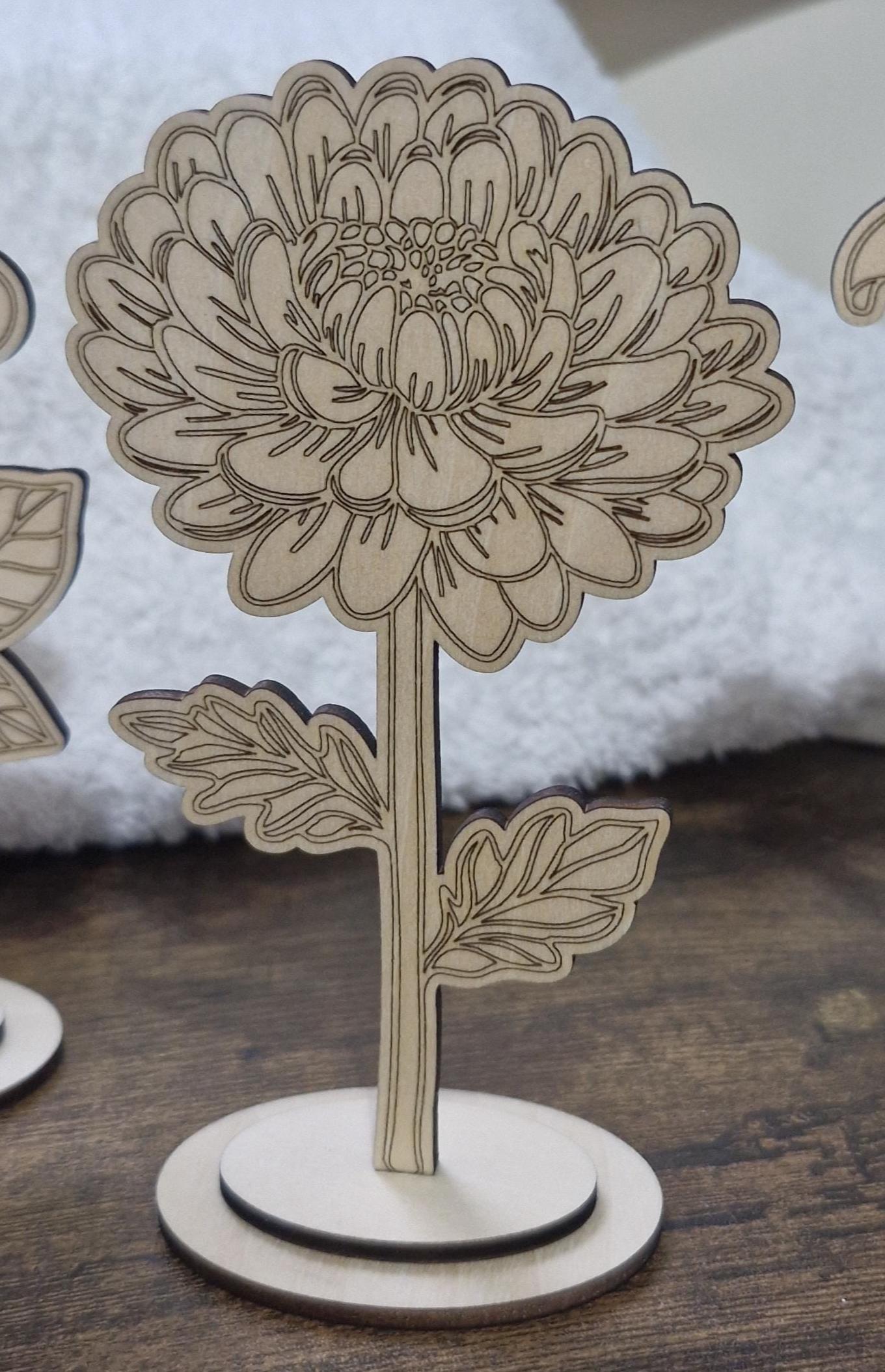 Set of 6 wooden flowers, laser cut ready to colour