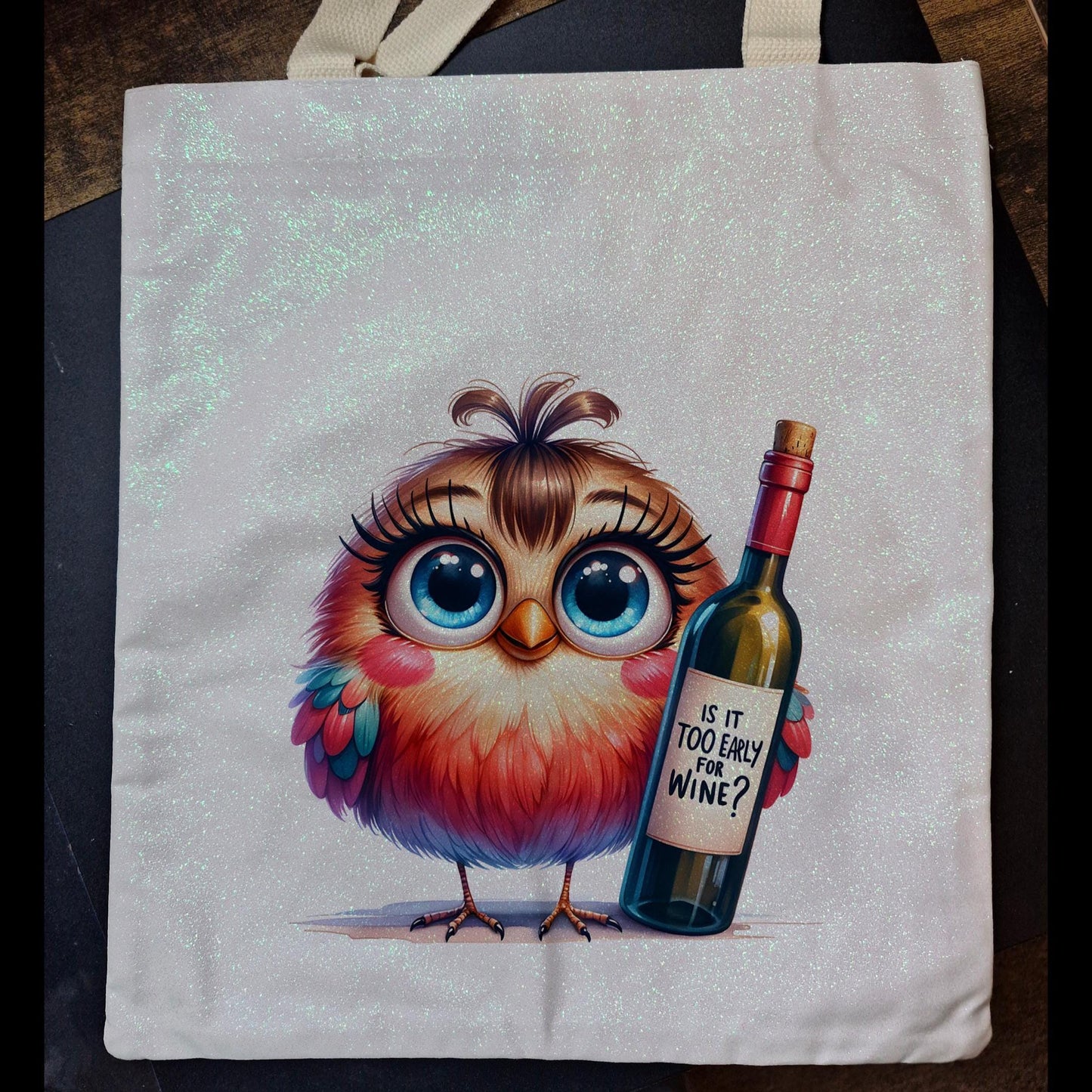 Glitter Tote Bag with 'Too Early for Wine' Design