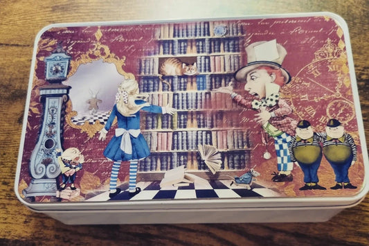 Alice in Wonderland abstract themed Storage tin with printed top panel