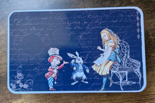 Alice in Wonderland Mad Hatter Storage tin with  printed top panel