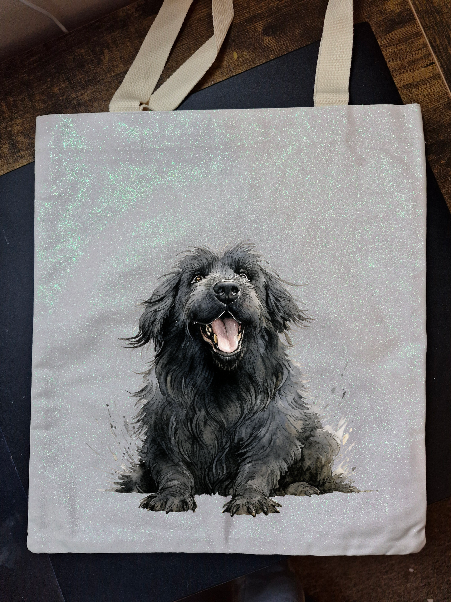 Glitter Tote Bag with Newfoundland dog image (34x38cm)