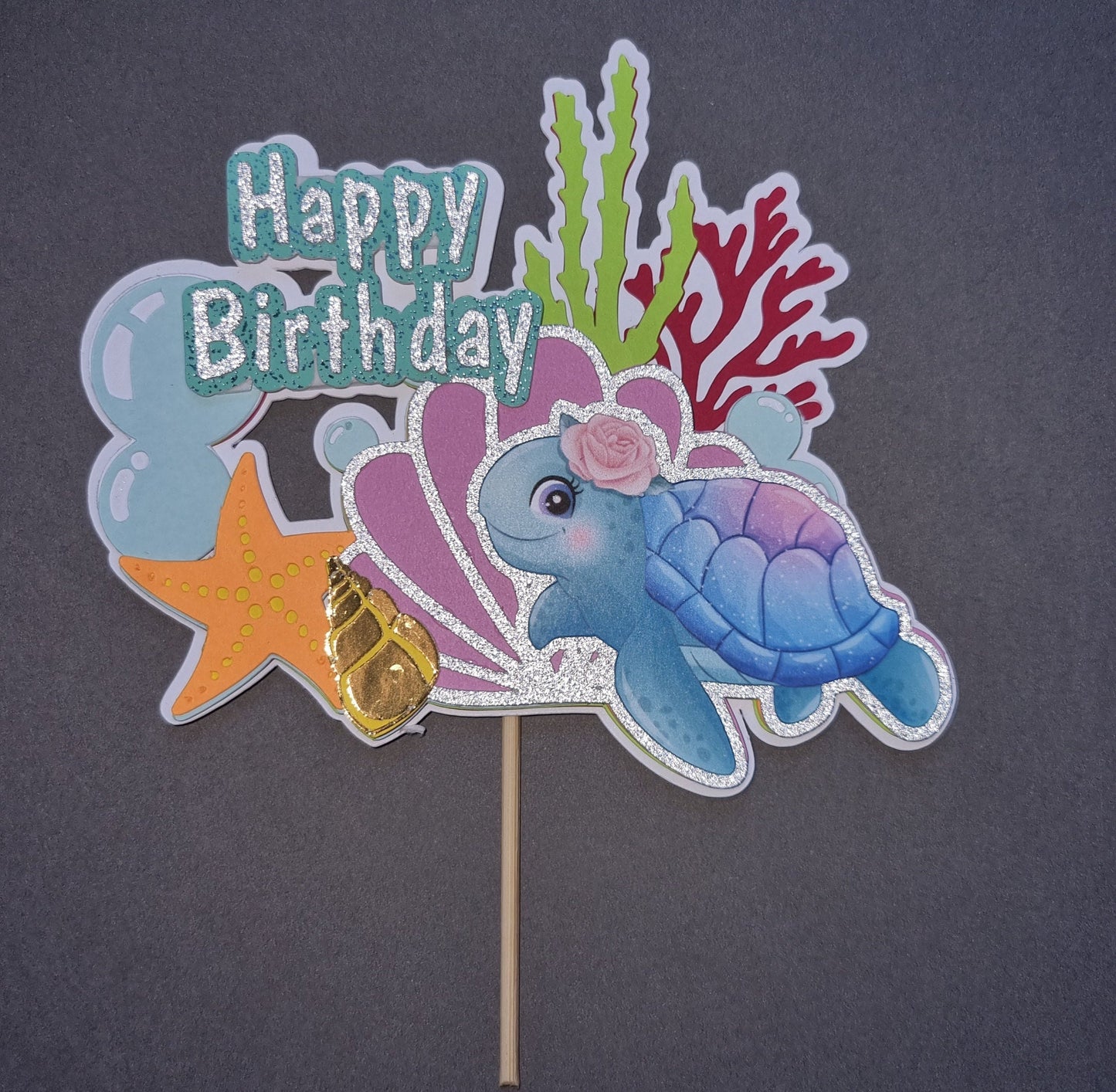 Turtle seaside themed layered cake topper, Happy Birthday