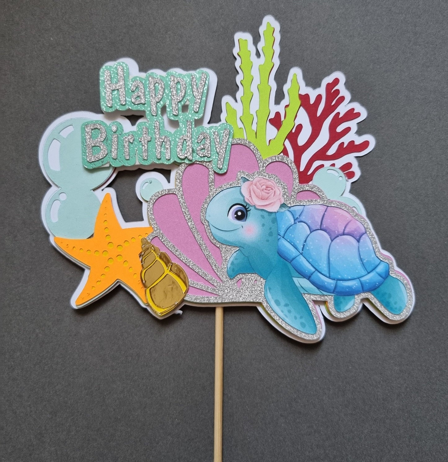 Turtle seaside themed layered cake topper, Happy Birthday