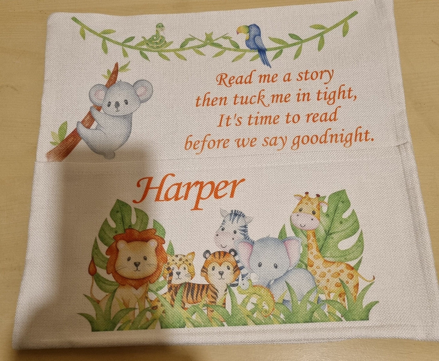 Personalised reading cushion, jungle design pocket cushion, any name, book cushion