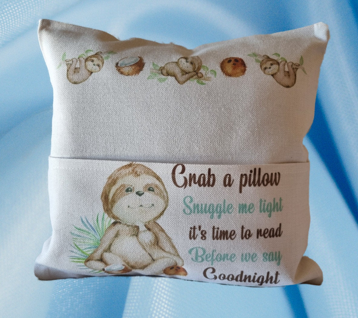 Sloth Personalised reading cushion, pocket cushion, any name