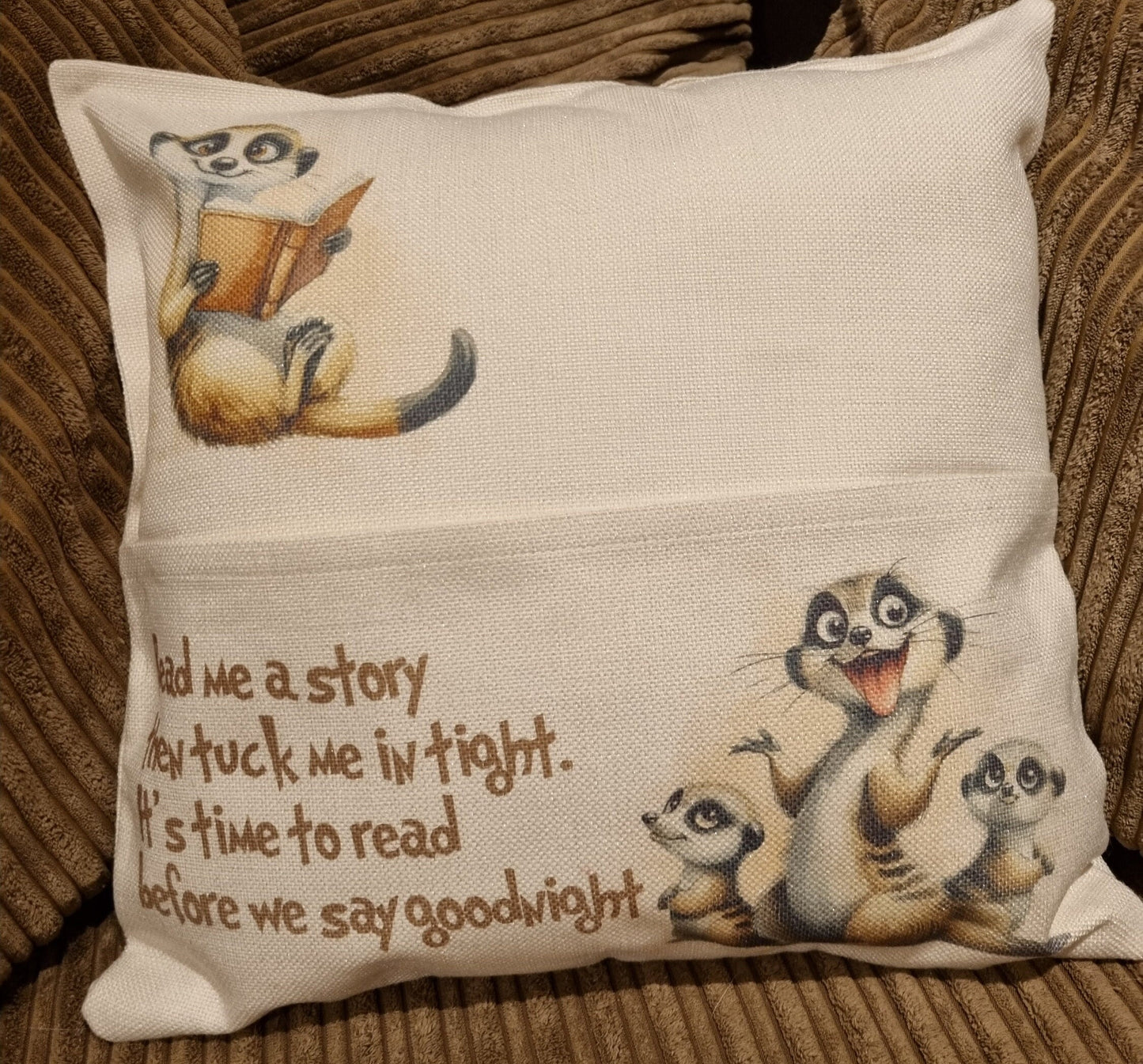 Meerkat Personalised reading cushion, pocket cushion, any name