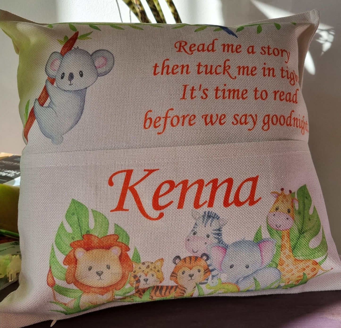 Personalised reading cushion, jungle design pocket cushion, any name, book cushion