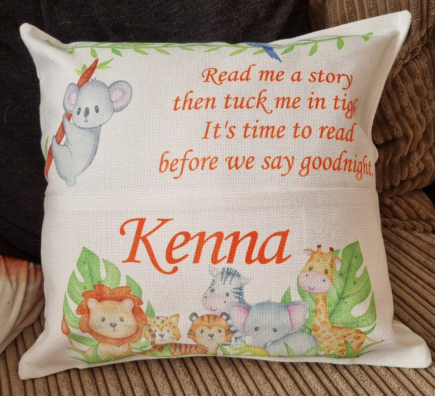 Personalised reading cushion, jungle design pocket cushion, any name, book cushion