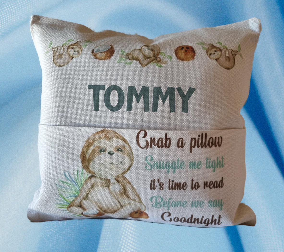 Sloth Personalised reading cushion, pocket cushion, any name
