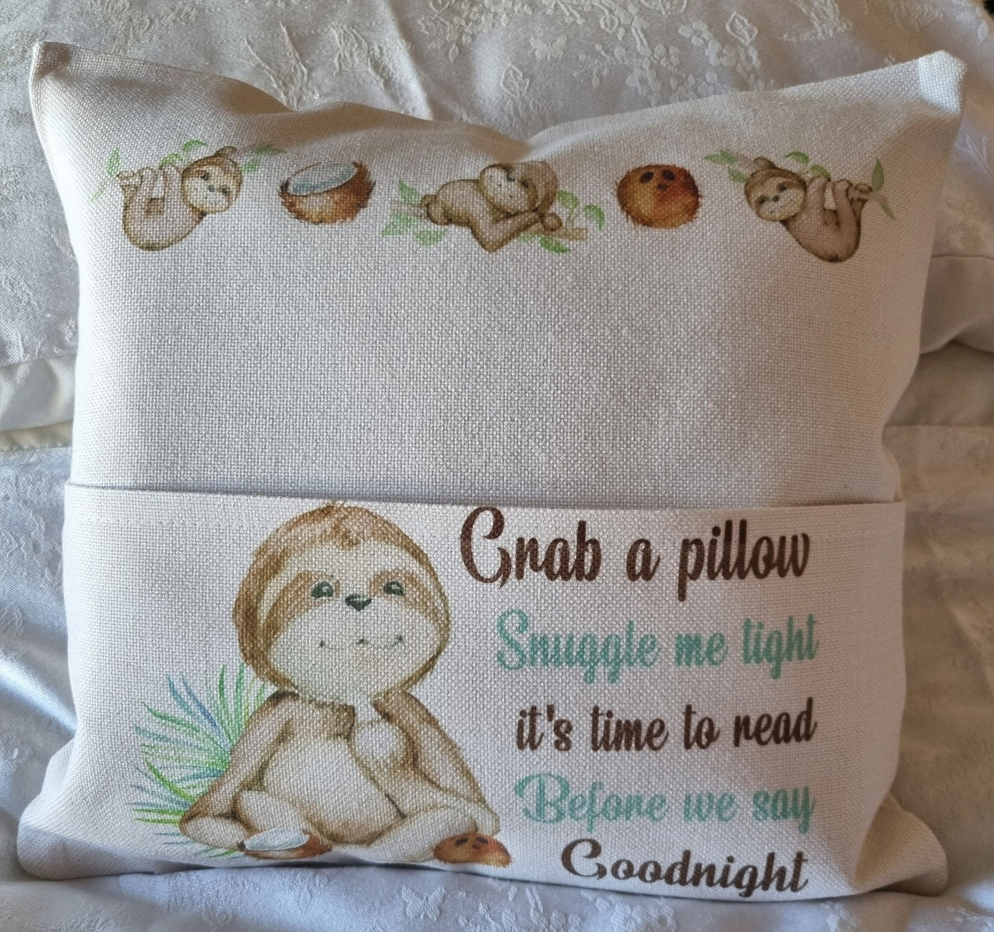 Sloth Personalised reading cushion, pocket cushion, any name