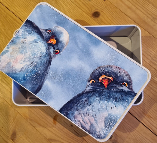 Quirky pigeon themed Storage tin with printed top panel