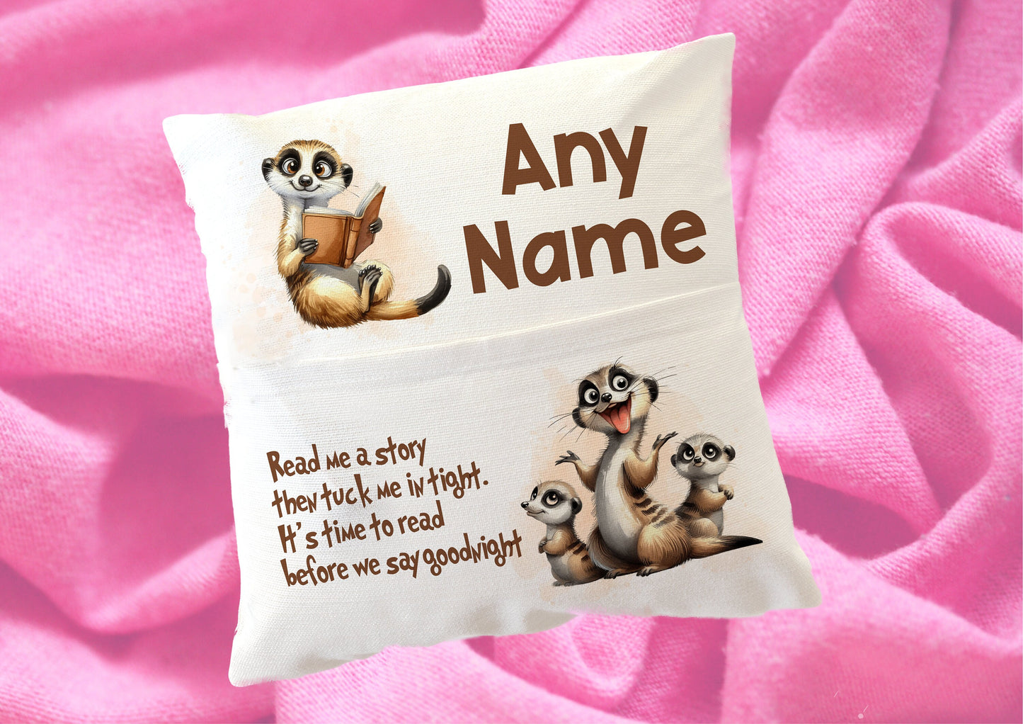 Meerkat Personalised reading cushion, pocket cushion, any name