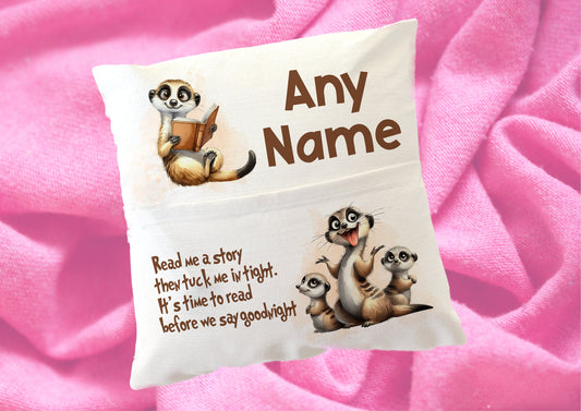 Meerkat Personalised reading cushion, pocket cushion, any name