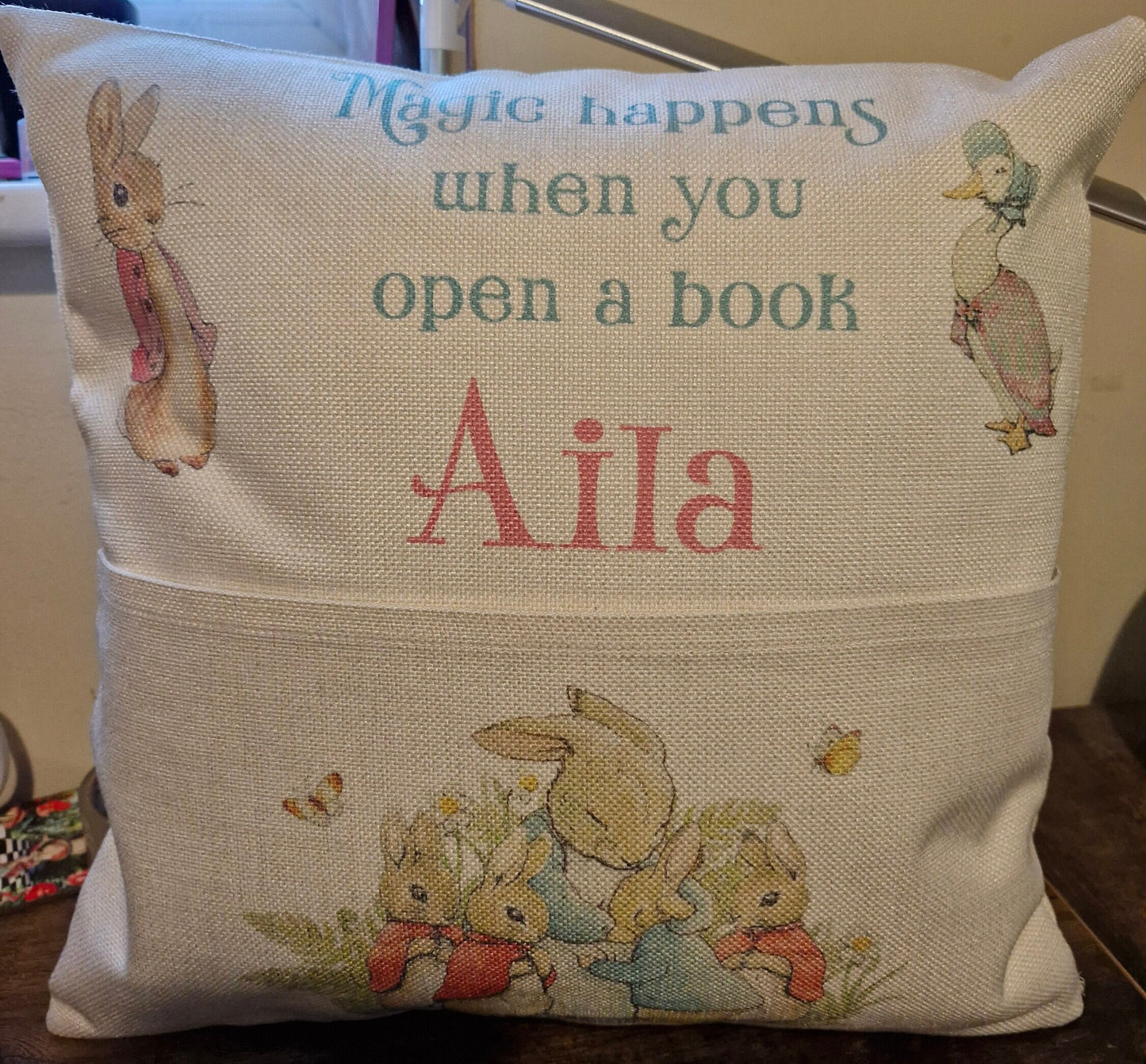 Rabbit Personalised reading cushion, pocket cushion, any name