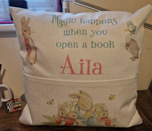 Rabbit Personalised reading cushion, pocket cushion, any name
