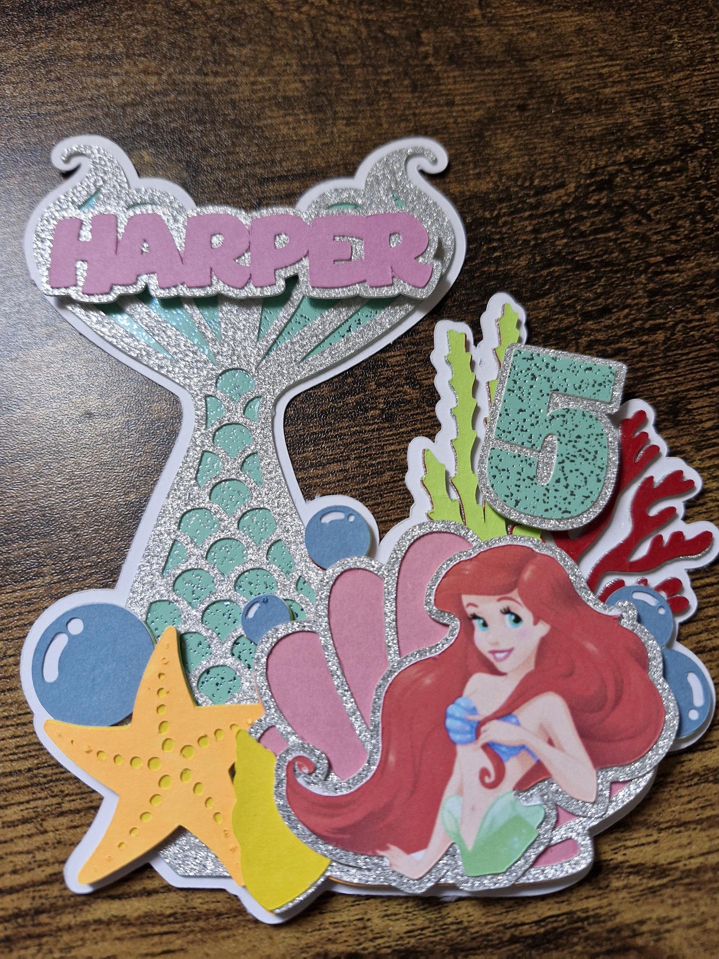 Mermaid themed layered cake topper, any age, personalised