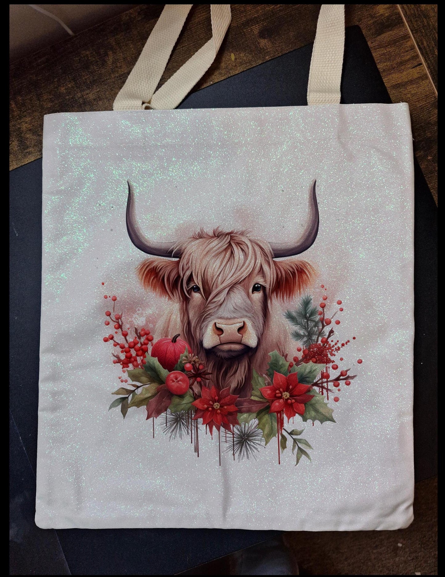 Glitter Tote Bag Christmas Highland Cow Design