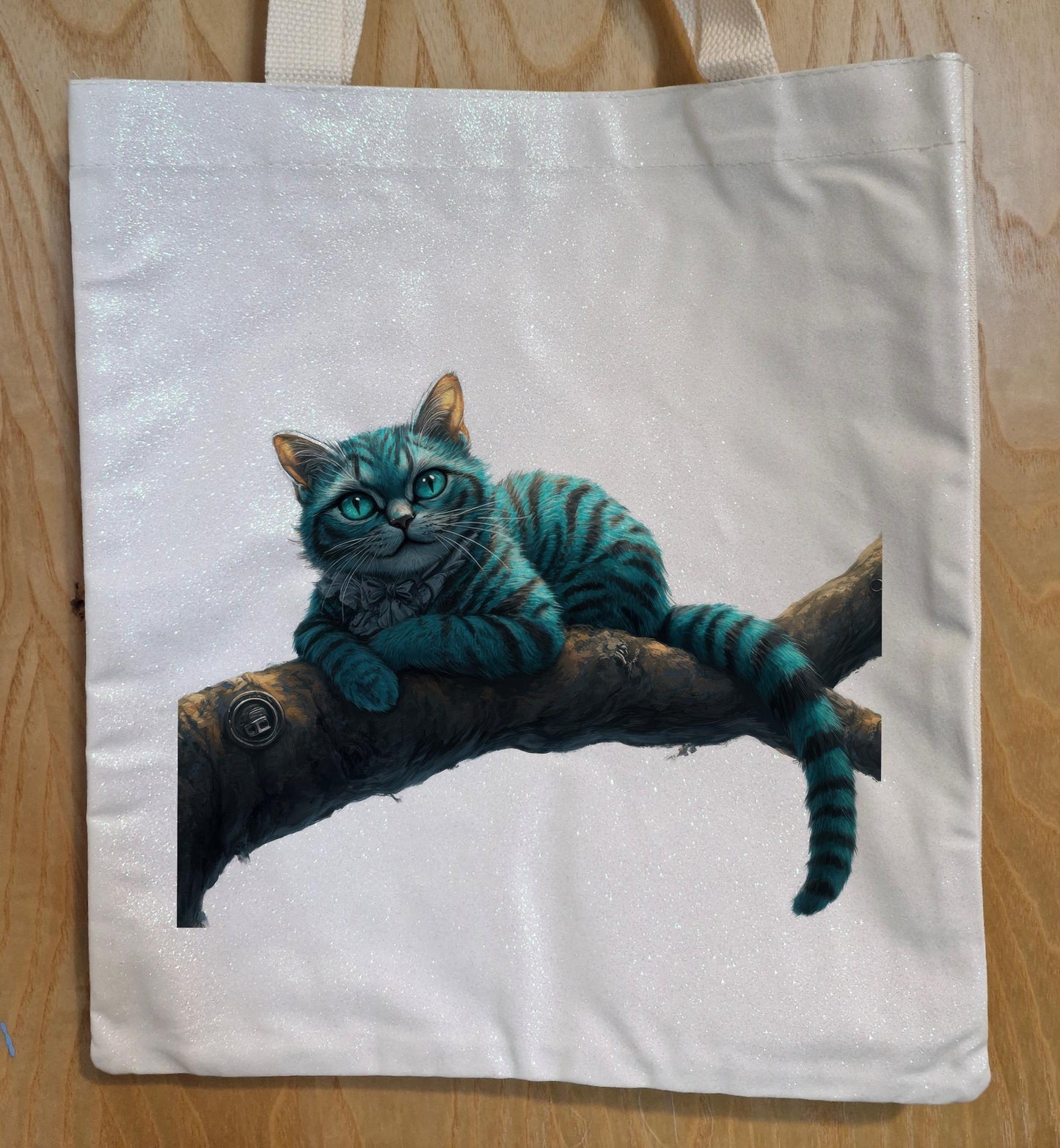 Glitter Tote Bag Cheshire Cat Alice in Wonderland Design