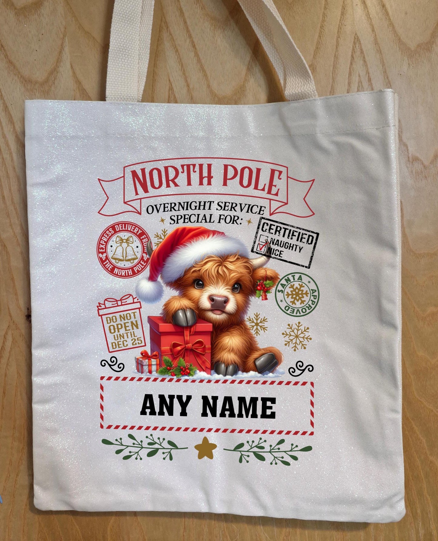 Glitter Tote Bag Christmas Sack any name Christmas Highland Cow Design