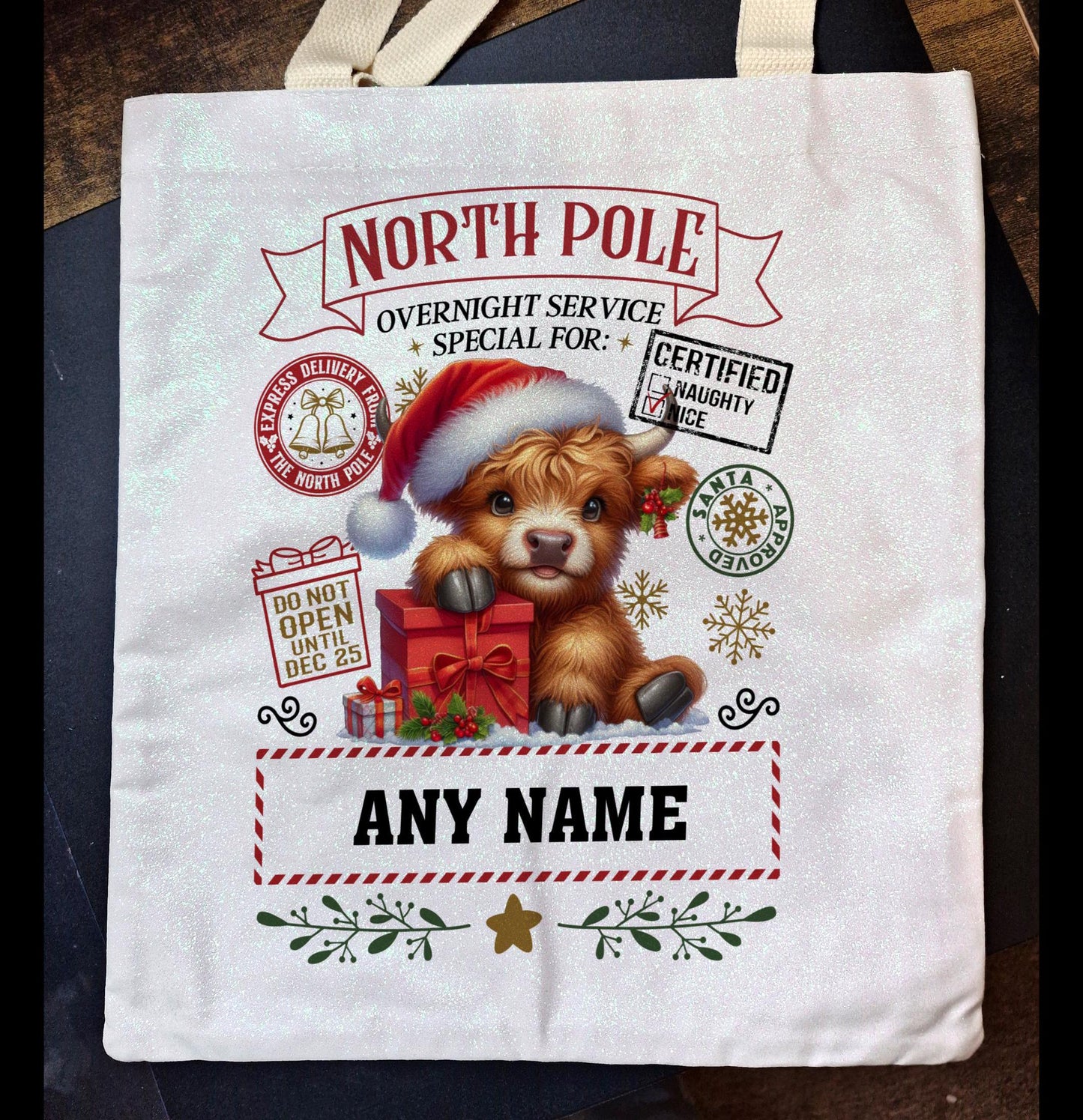 Glitter Tote Bag Christmas Sack any name Christmas Highland Cow Design