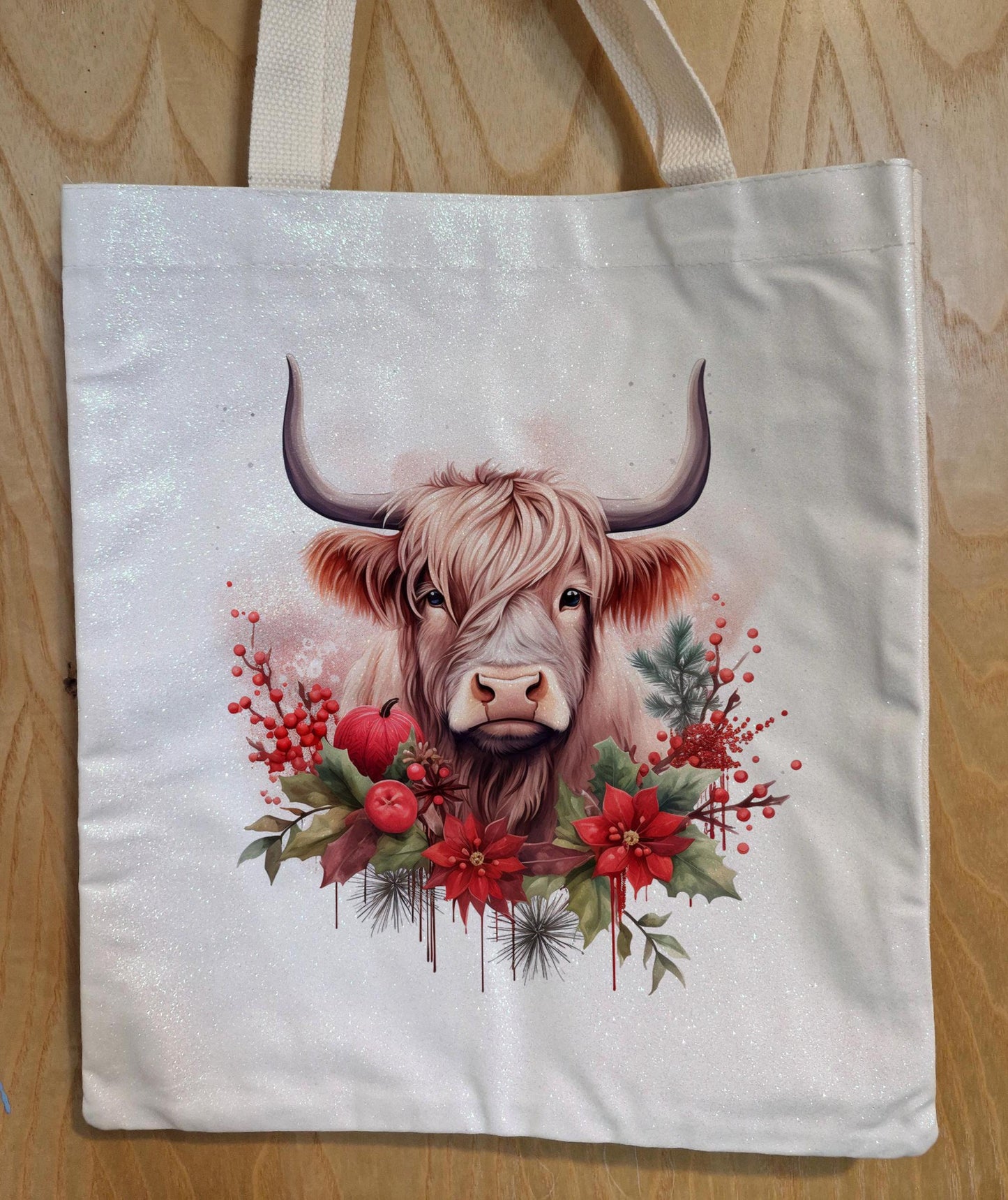 Glitter Tote Bag Christmas Highland Cow Design