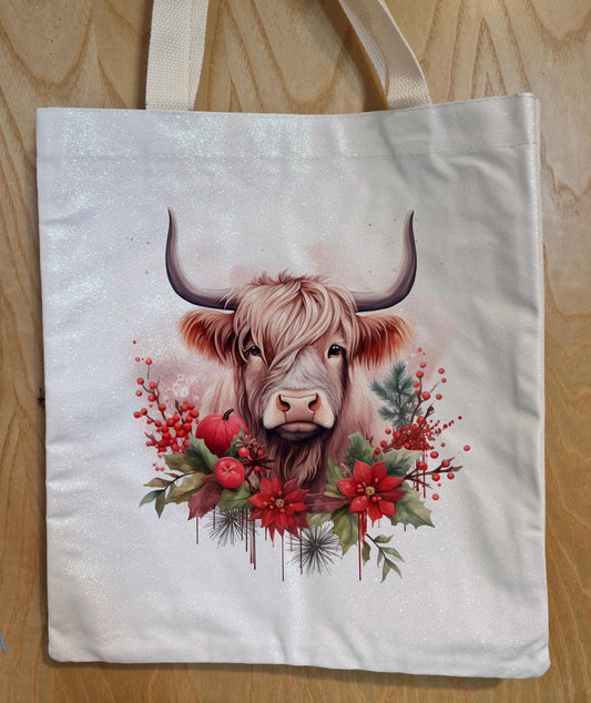 Glitter Tote Bag Christmas Highland Cow Design