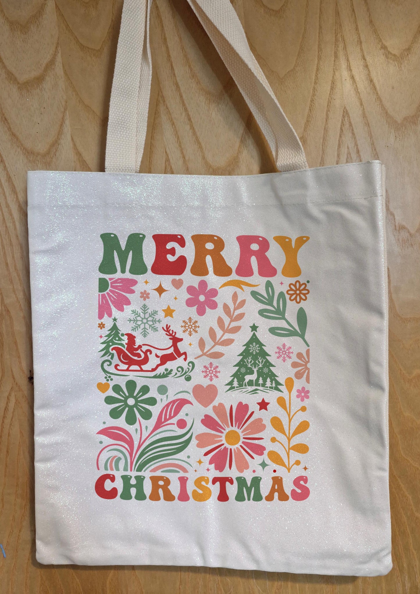 Glitter Tote Bag Merry Christmas Floral design