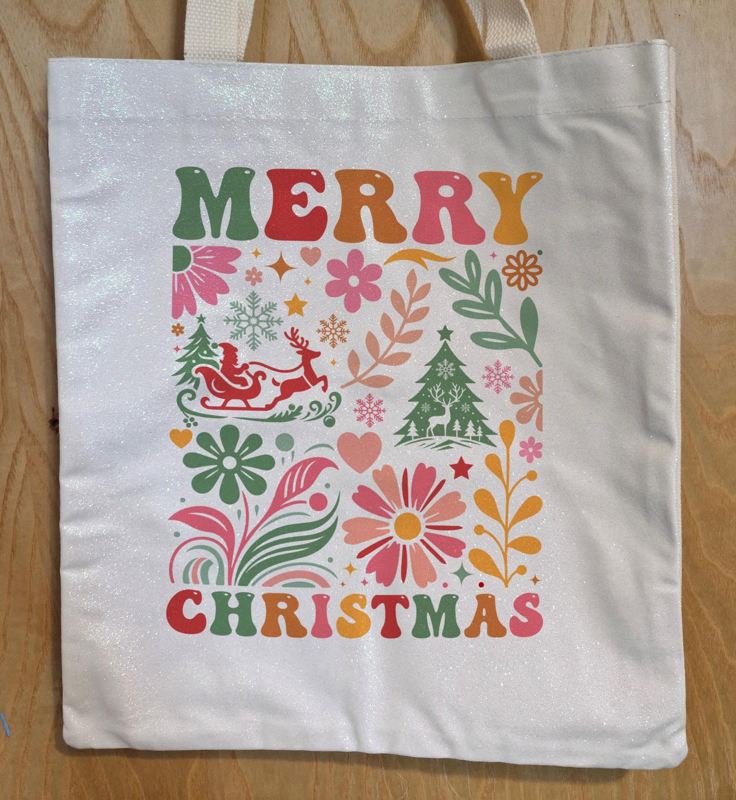 Glitter Tote Bag Merry Christmas Floral design