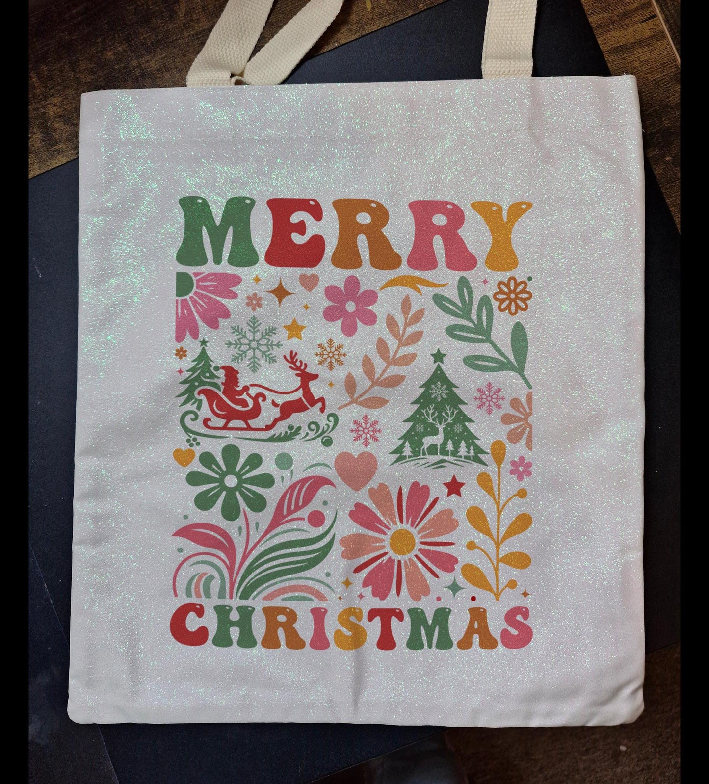 Glitter Tote Bag Merry Christmas Floral design