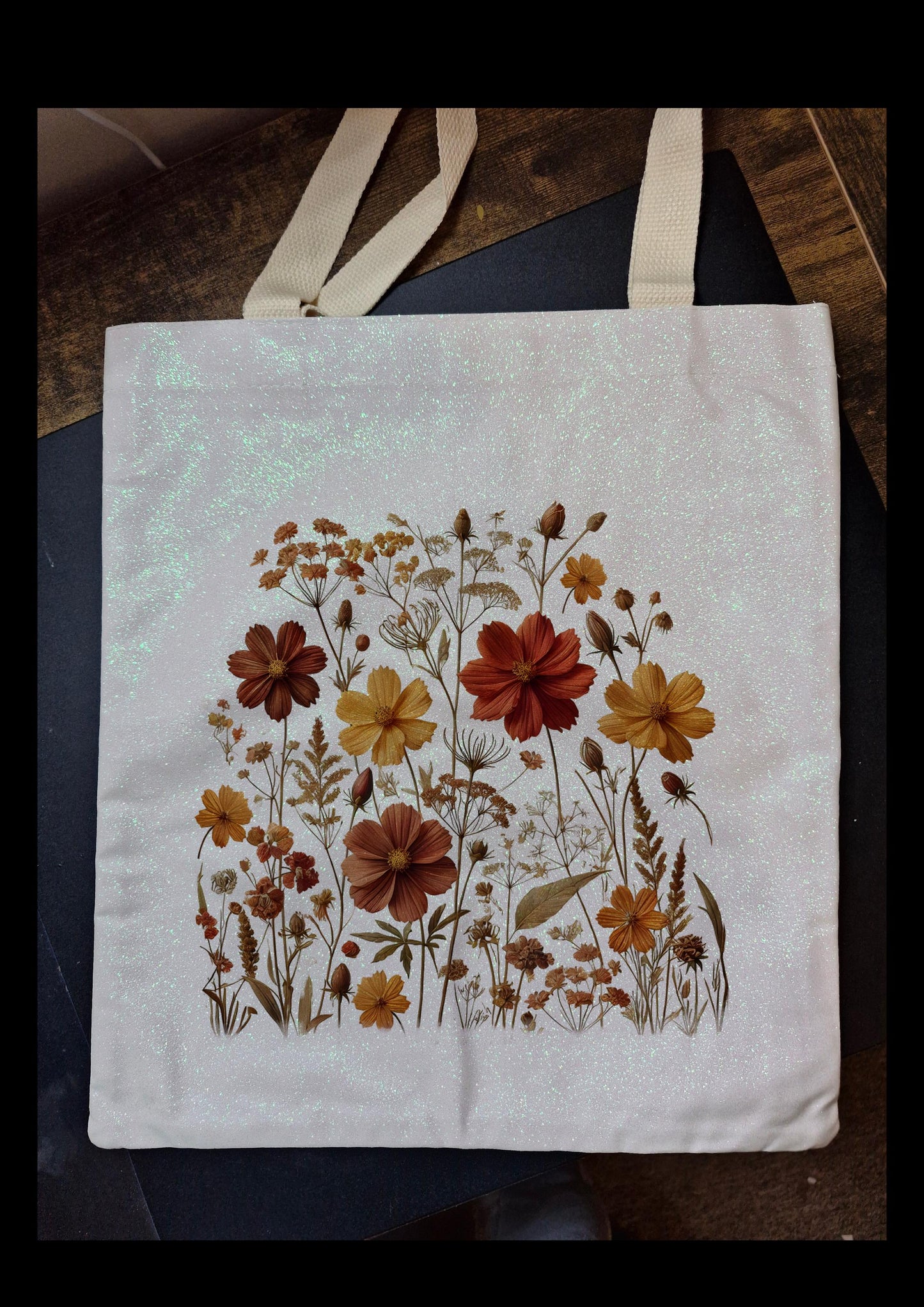 Glitter Tote Bag Autumn Flower Design
