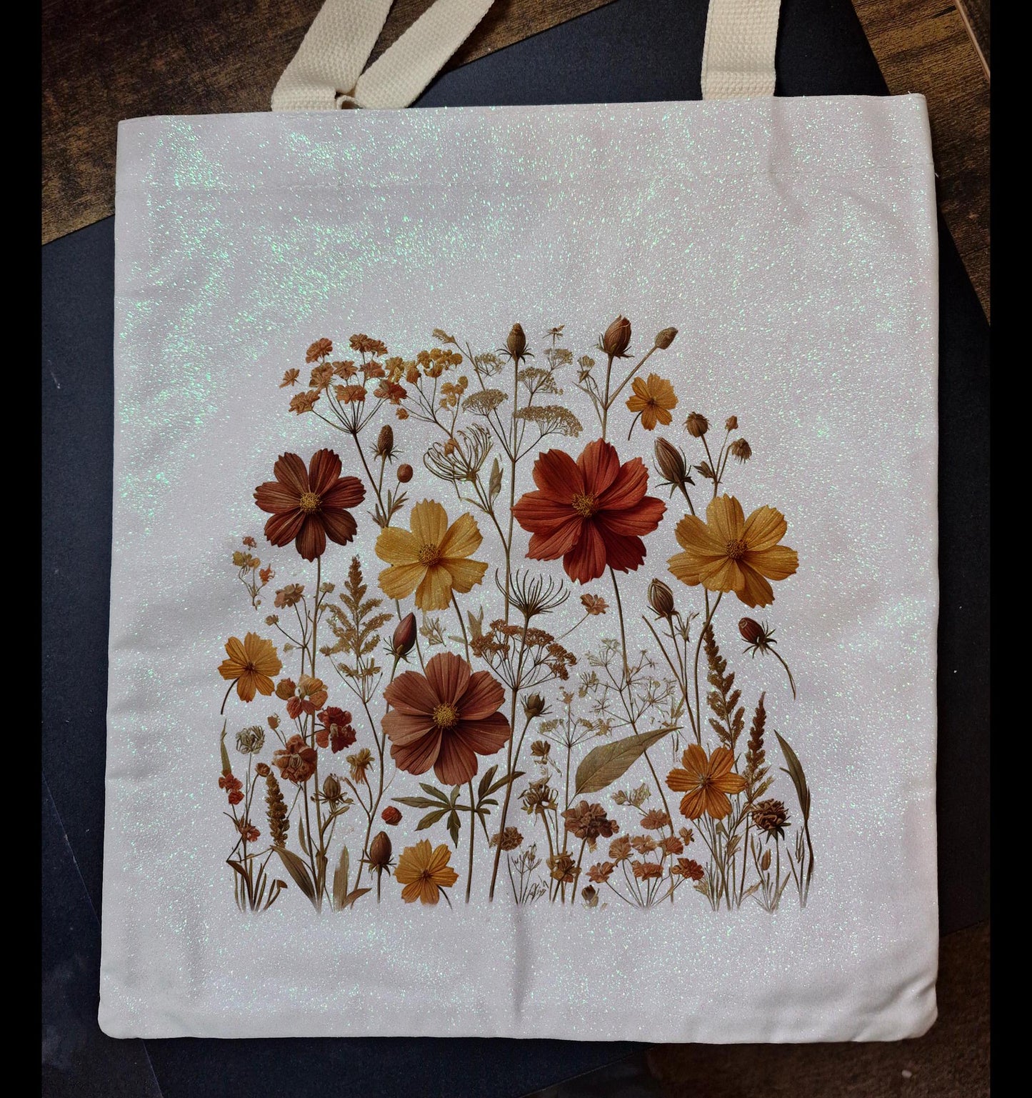 Glitter Tote Bag Autumn Flower Design
