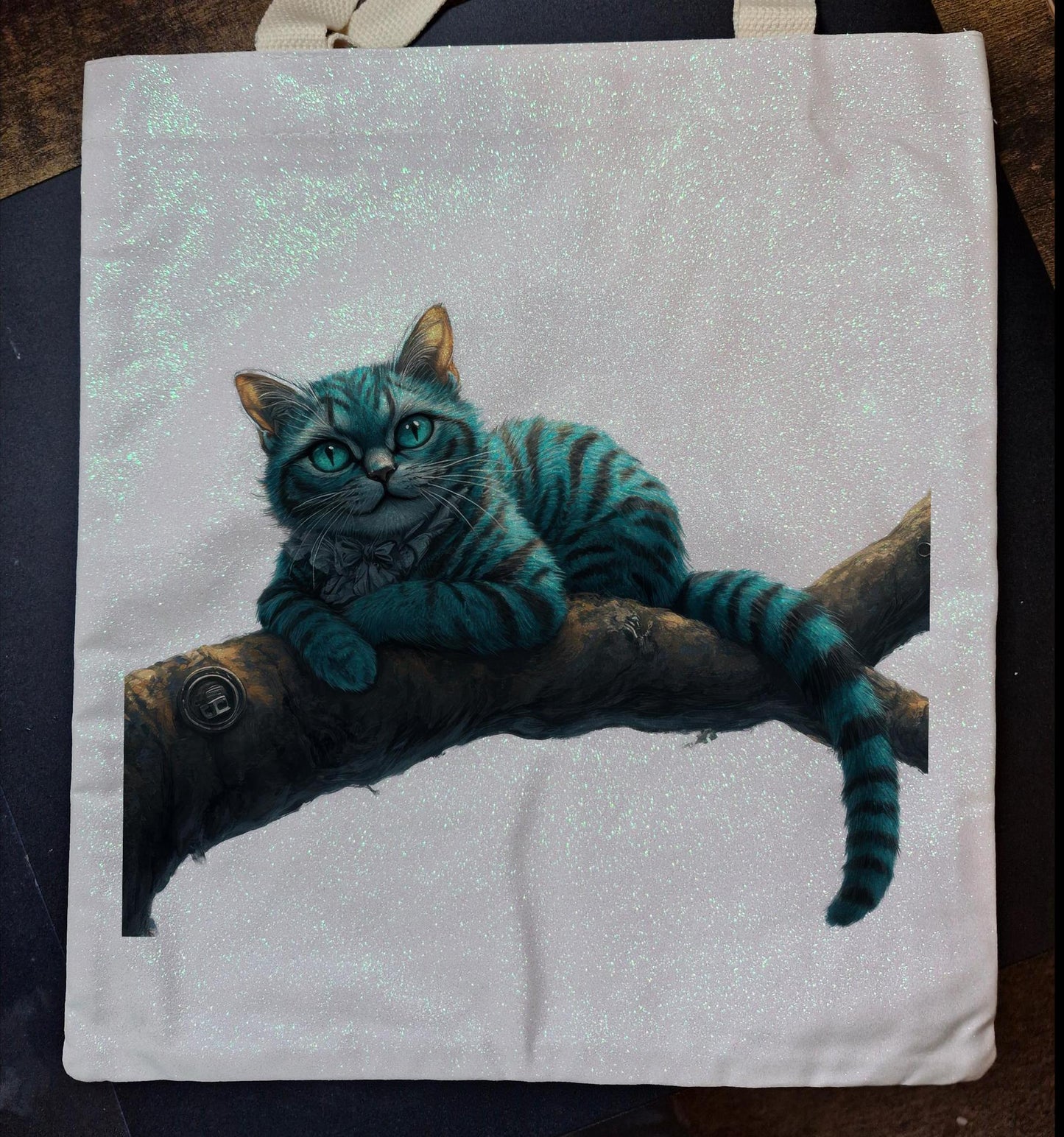 Glitter Tote Bag Cheshire Cat Alice in Wonderland Design