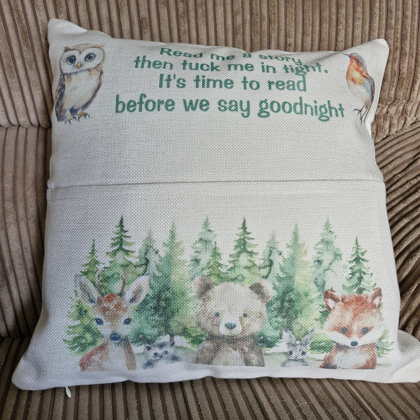 Reading cushion, woodland creatures pocket cushion, book cushion
