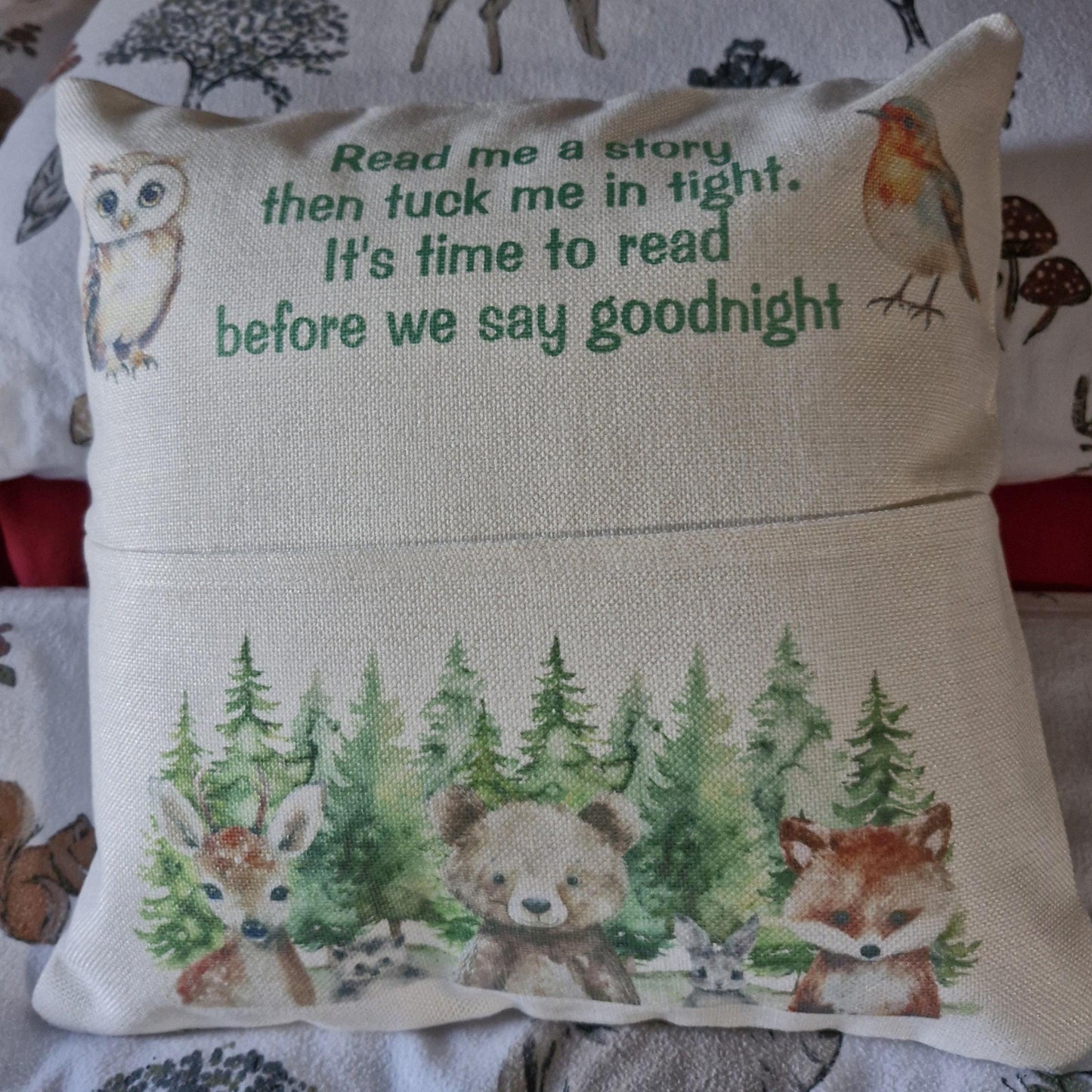 Reading cushion, woodland creatures pocket cushion, book cushion