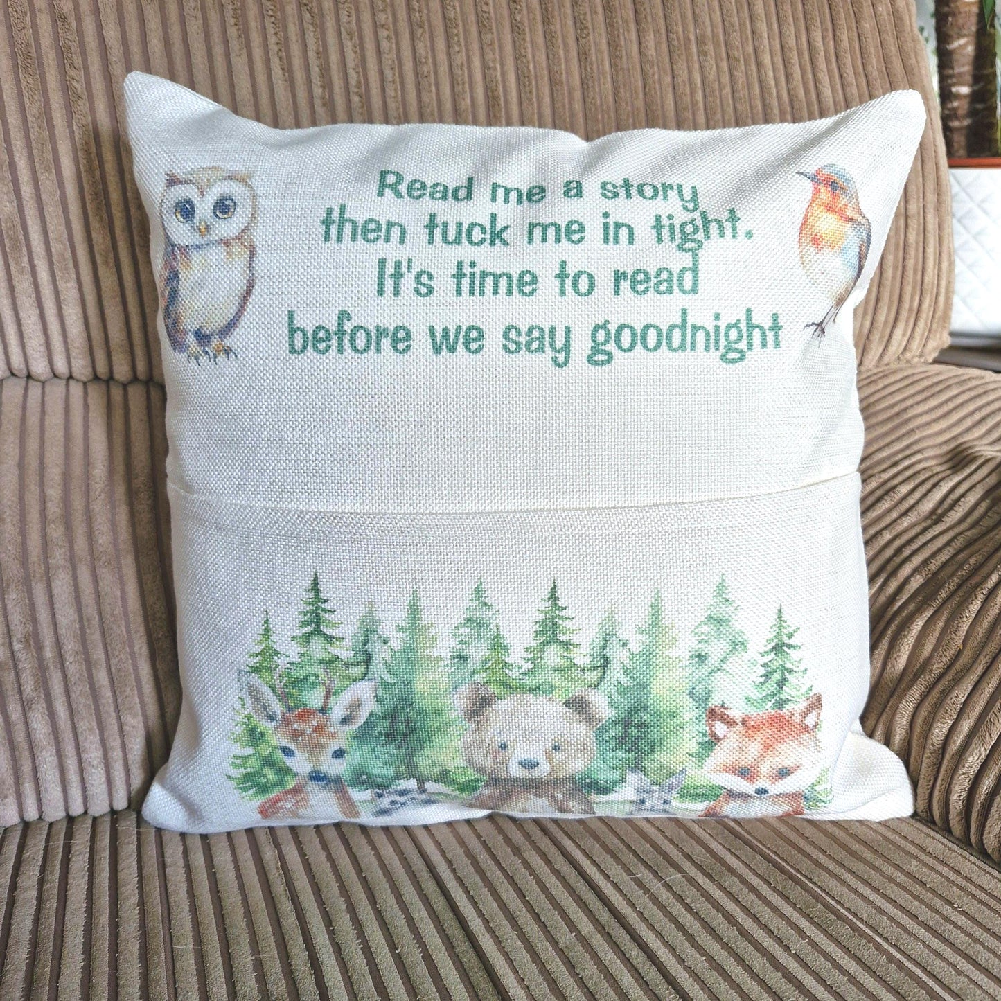 Reading cushion, woodland creatures pocket cushion, book cushion