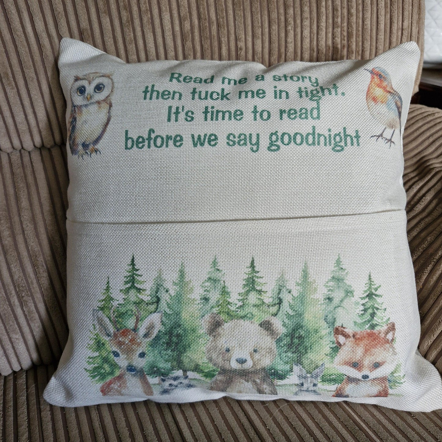 Reading cushion, woodland creatures pocket cushion, book cushion
