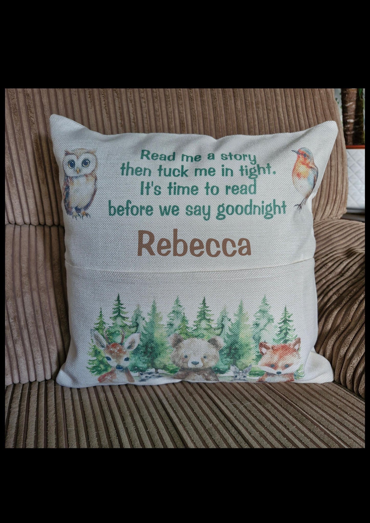 Reading cushion, woodland creatures pocket cushion, book cushion
