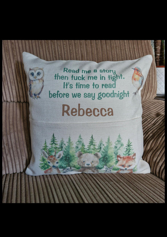 Reading cushion, woodland creatures pocket cushion, book cushion