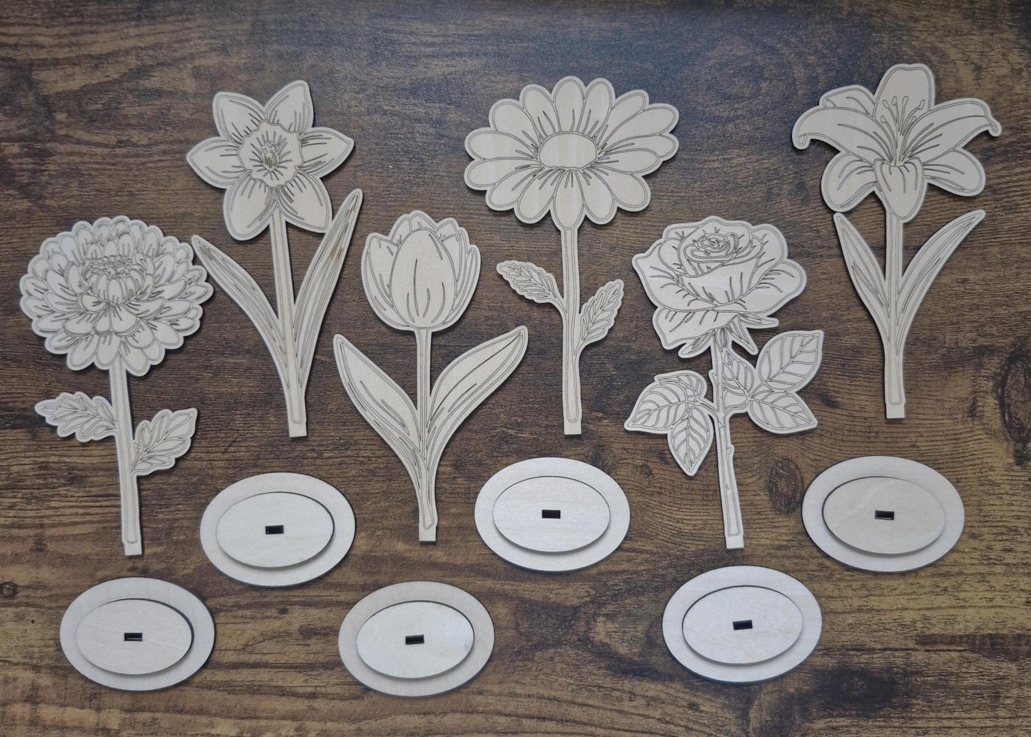 Set of 6 wooden flowers, laser cut ready to colour