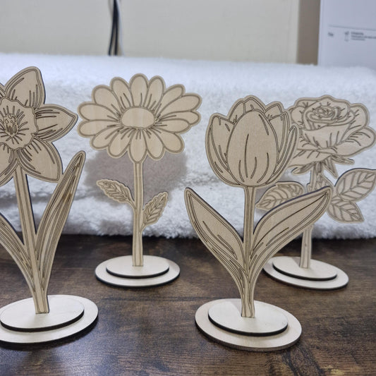Set of 6 wooden flowers, laser cut ready to colour